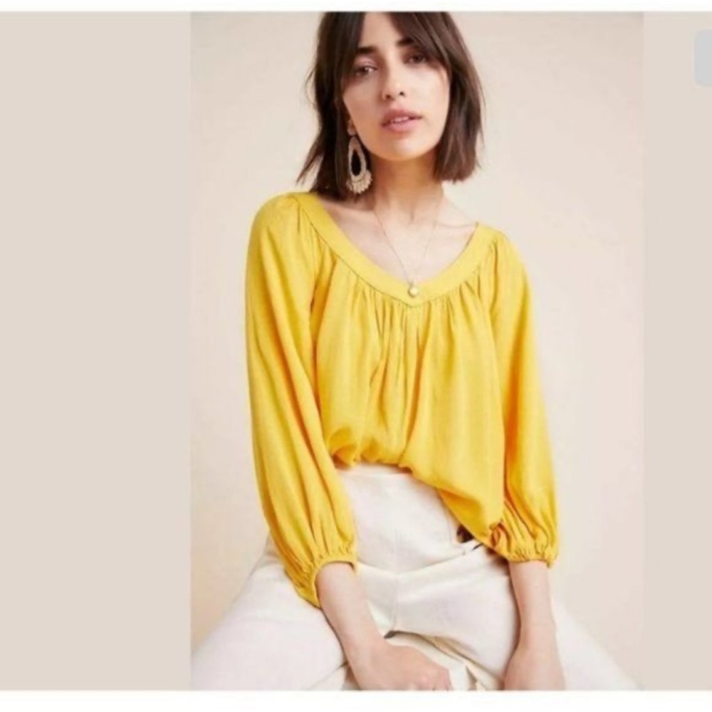 Maeve Yellow Ruffled 3/4 Sleeve Blouse